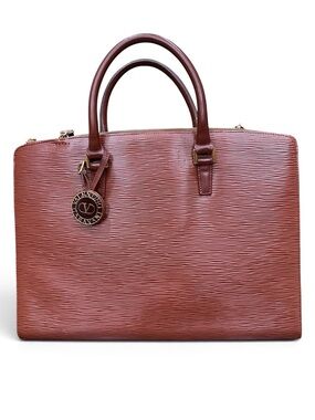 Valentino Garavani Chestnut Brown Textured Leather Laptop Tote